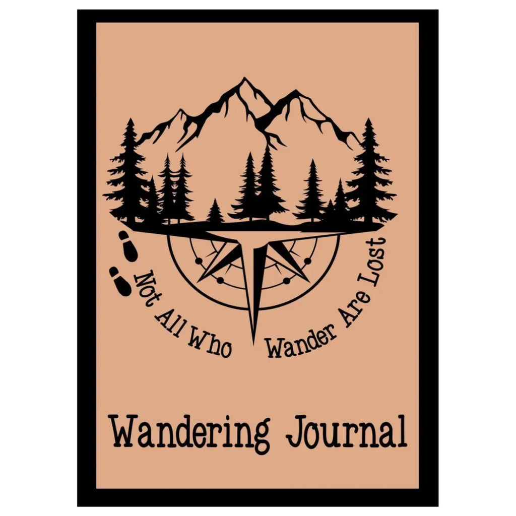 Cover of a 'Wandering Journal' with mountain and compass design on beige background