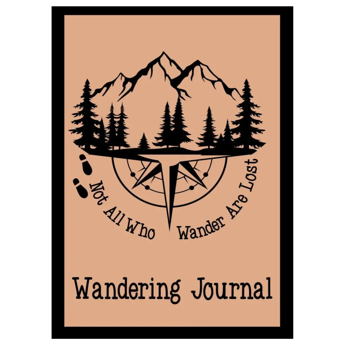 Cover of a 'Wandering Journal' with mountain and compass design on beige background