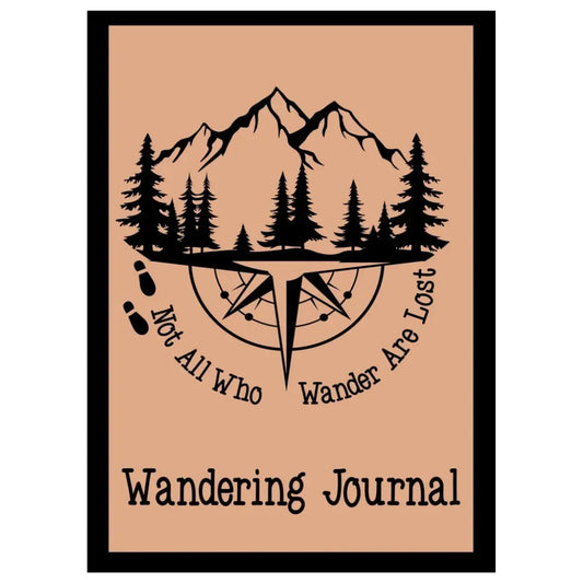 Cover of a 'Wandering Journal' with mountain and compass design on beige background