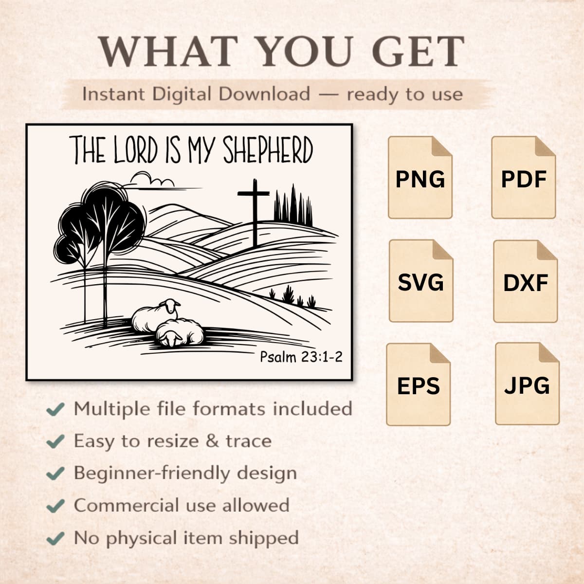 Digital design with 'The Lord is My Shepherd' text and pastoral scene and file format icons on a beige background.