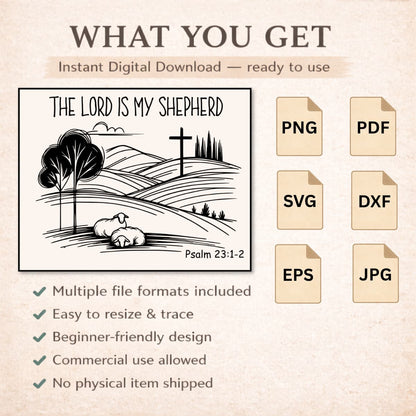 Digital design with 'The Lord is My Shepherd' text and pastoral scene and file format icons on a beige background.