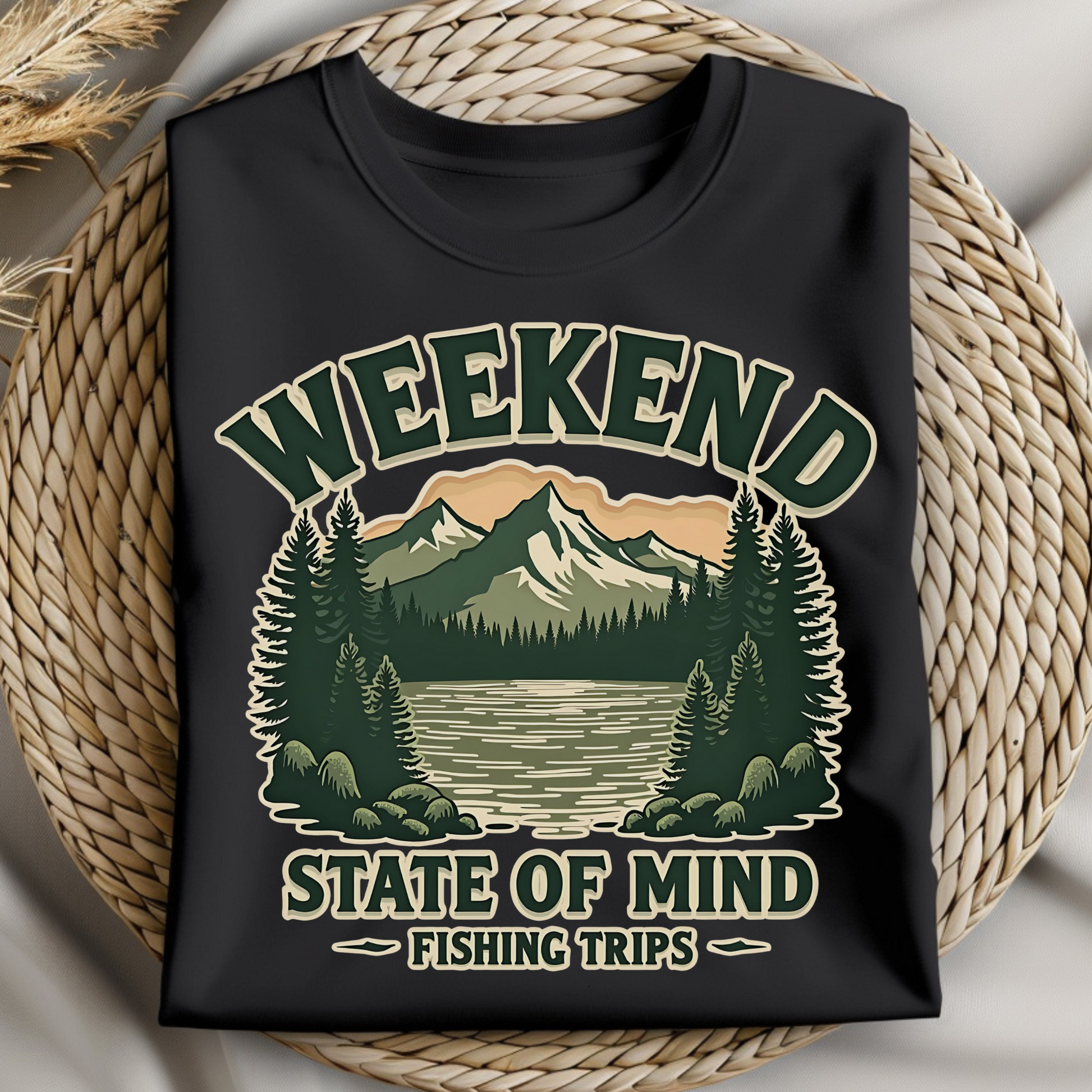 Weekend State of Mind Fishing Trips PNG Vintage Design on a black folded t-shirt