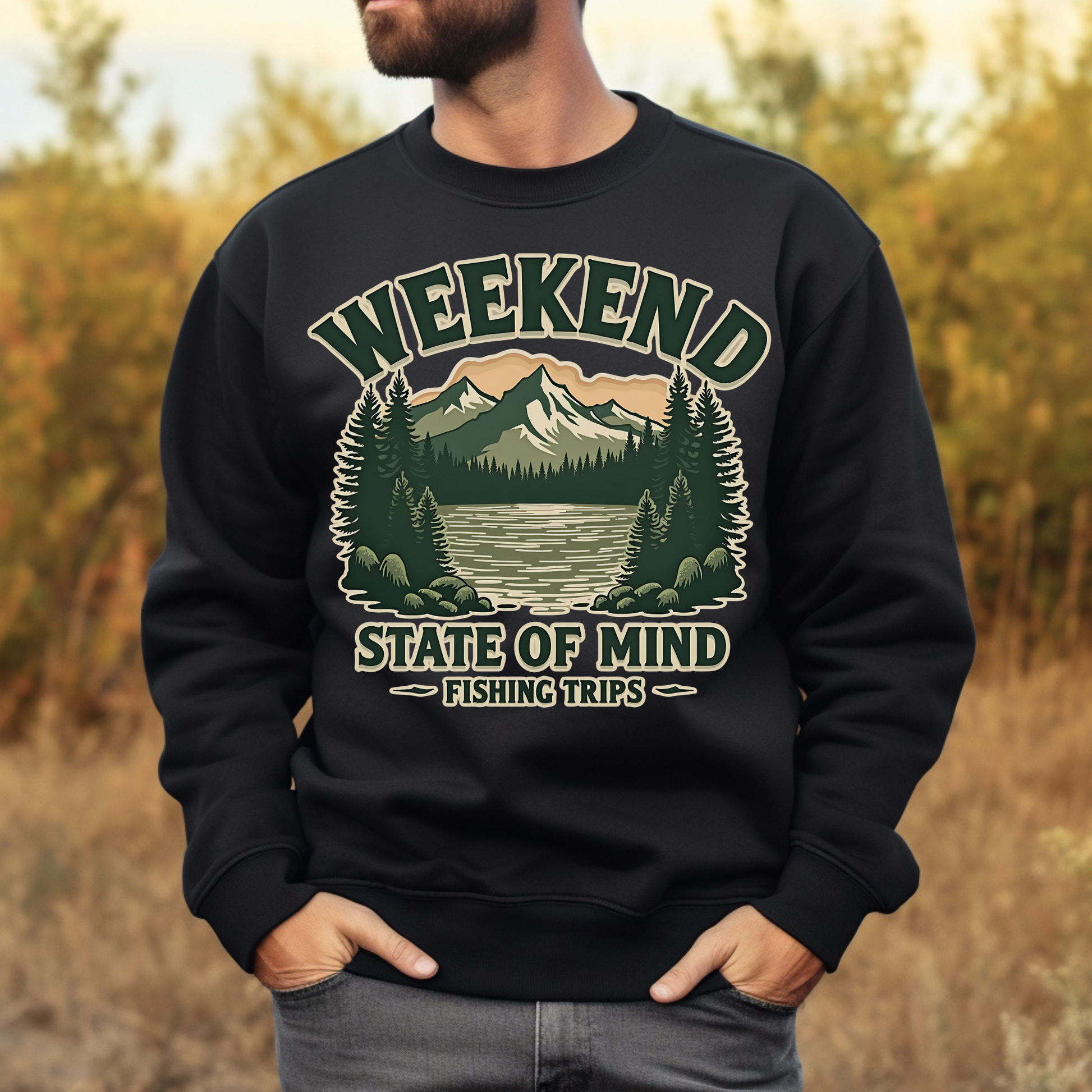 Weekend State of Mind Fishing Trips PNG Vintage Design on a man's black sweatshirt