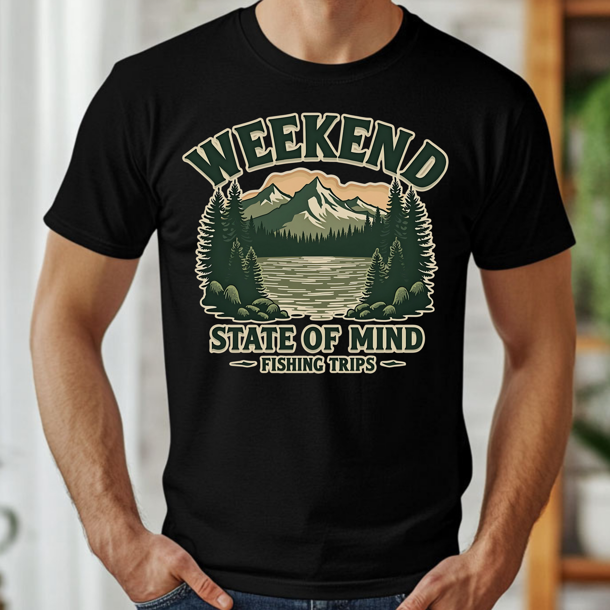 Weekend State of Mind Fishing Trips PNG Vintage Design on a man's black t-shirt