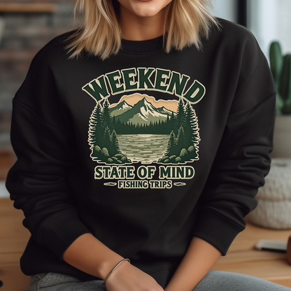 Weekend State of Mind Fishing Trips PNG Vintage Design on a woman's black sweatshirt