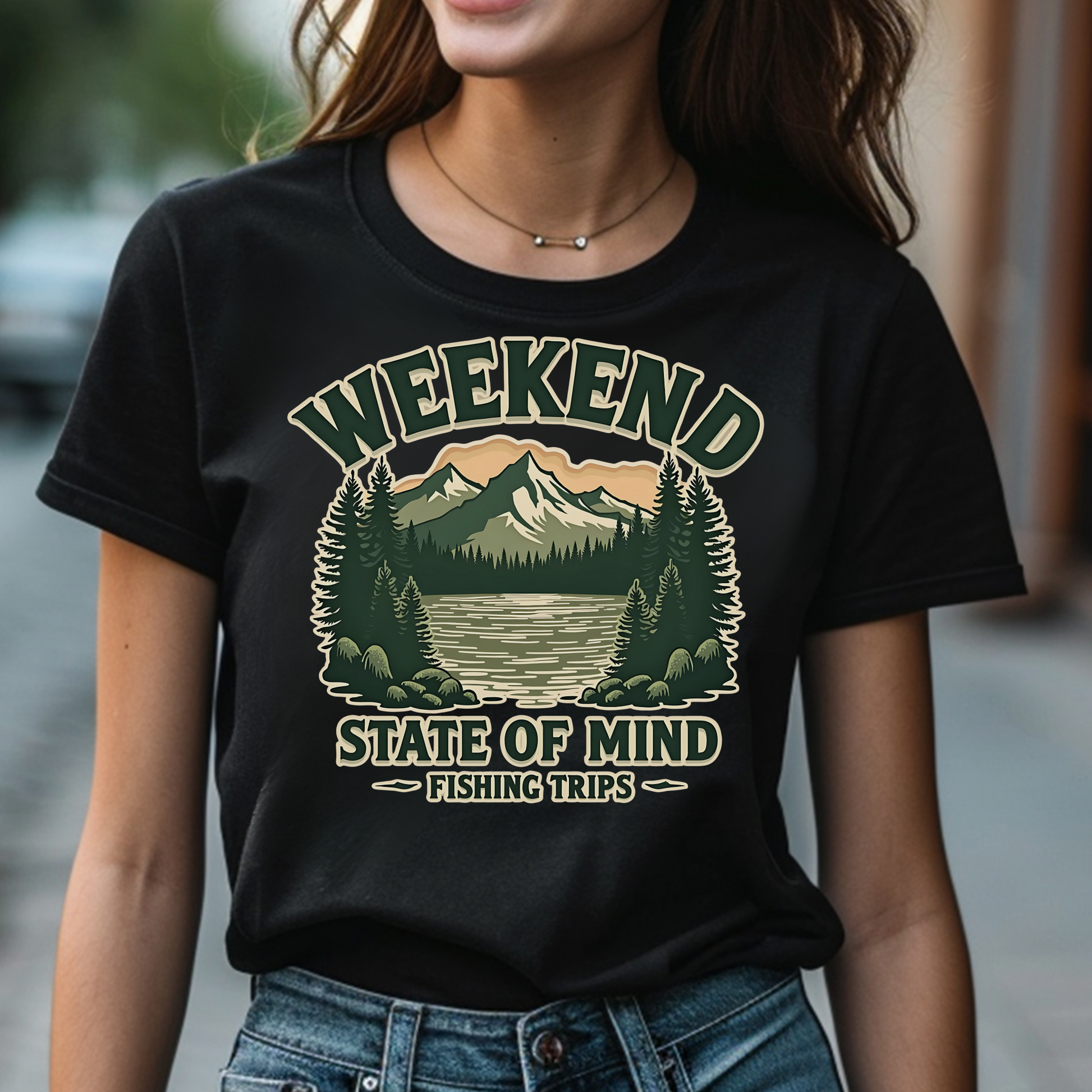 Weekend State of Mind Fishing Trips PNG Vintage Design on a woman's black t-shirt