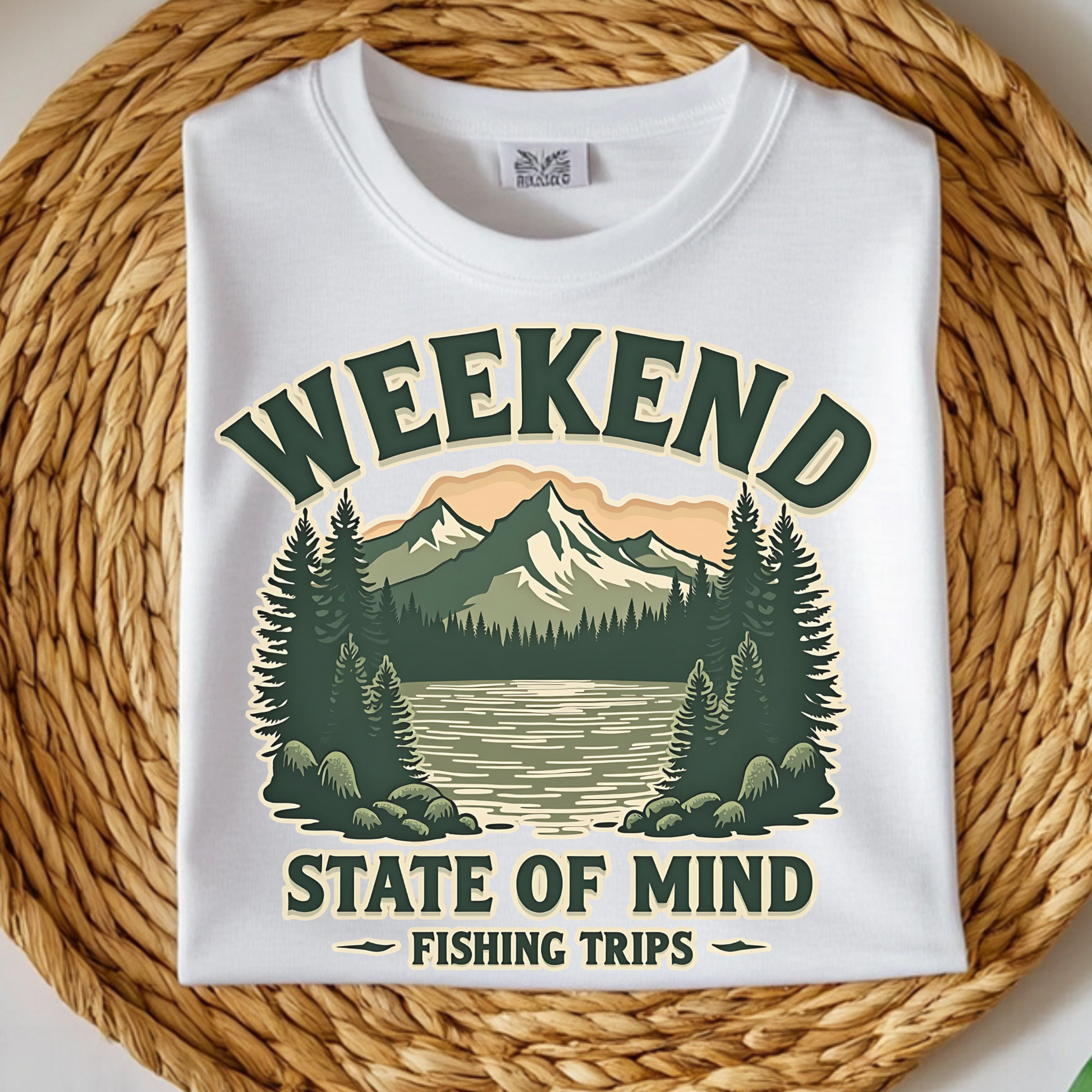 Weekend State of Mind Fishing Trips PNG Vintage Design on a white folded t-shirt