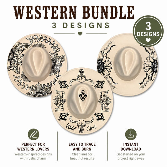 Western-themed designs for hats with floral and tribal patterns on a white background. 050226