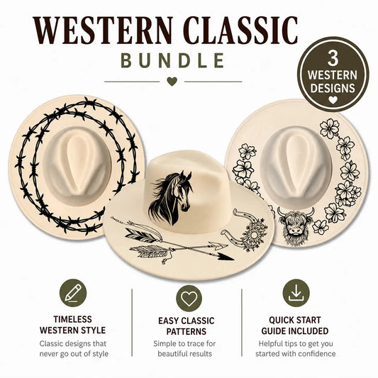 Western-themed product bundle with three hat designs on a white background. 050226