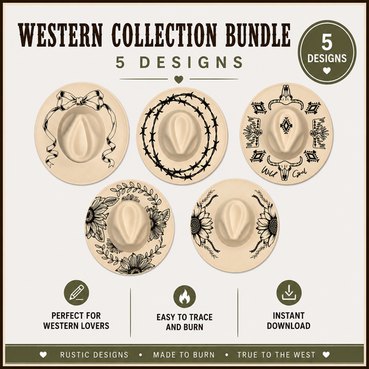 Promotional graphic for a Western Collection Bundle with five design options on a beige background.