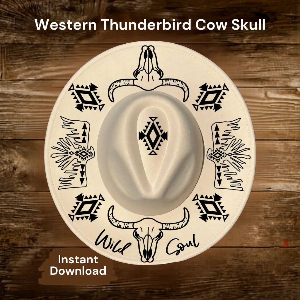 Cow skull design with tribal patterns on a wooden background, labeled 'Western Thunderbird Cow Skull'.