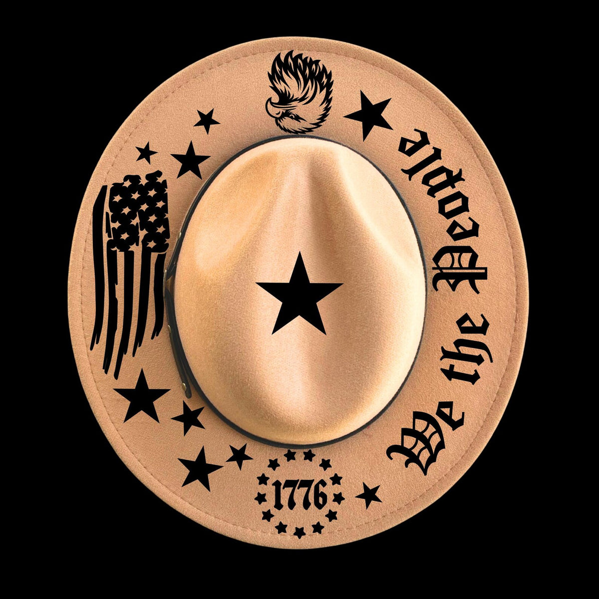 Cowboy hat with American flag, stars, and 'We the People' text on a black background