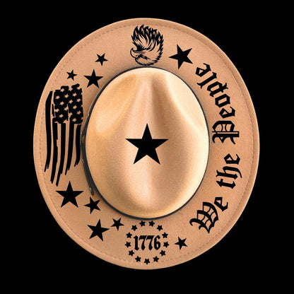 Cowboy hat with American flag, stars, and 'We the People' text on a black background