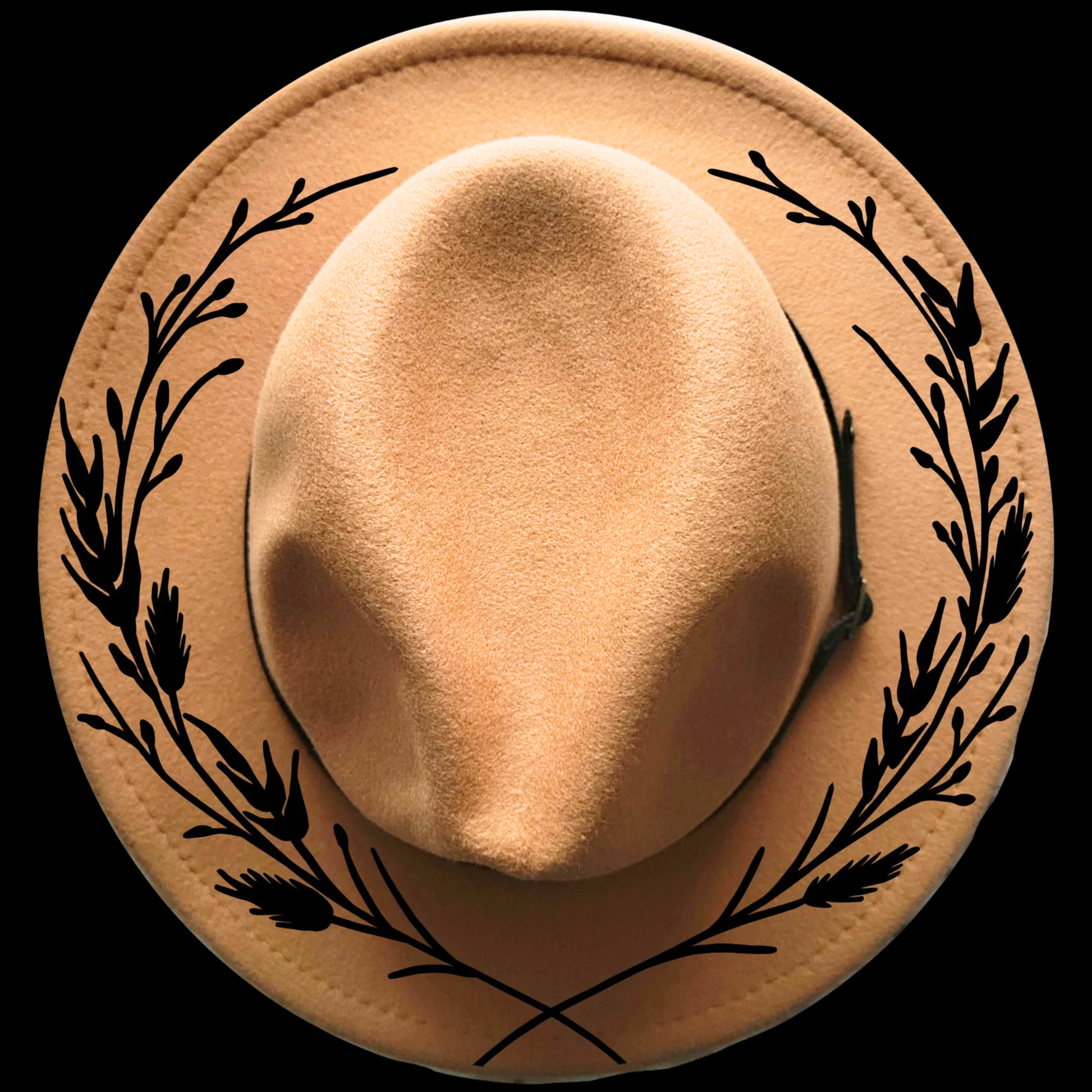 Narrow brim hat with black wheat patterns on a black background