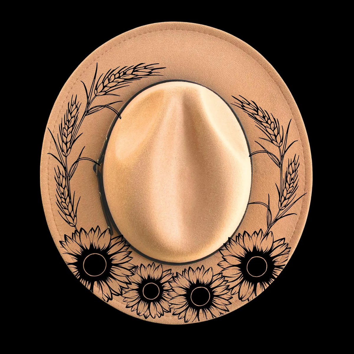 Tan hat with black floral and wheat designs on a black background