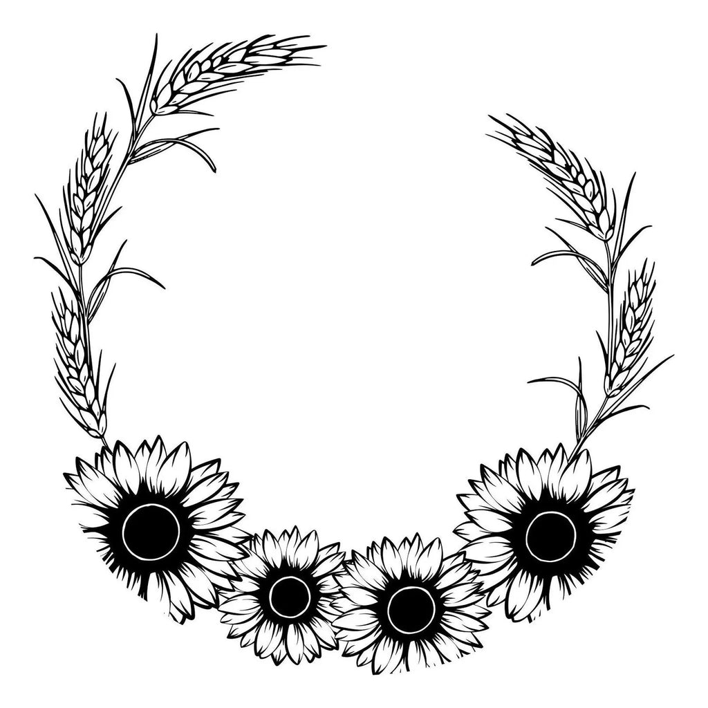 Black and white floral wreath design with sunflowers and wheat on a white background