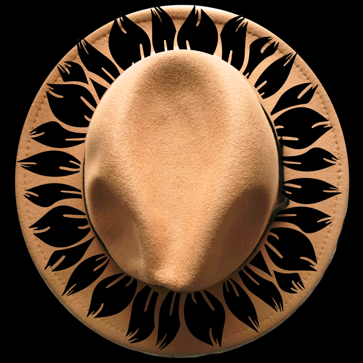 Narrow brim hat with black leaf sunflower patterns on a black background