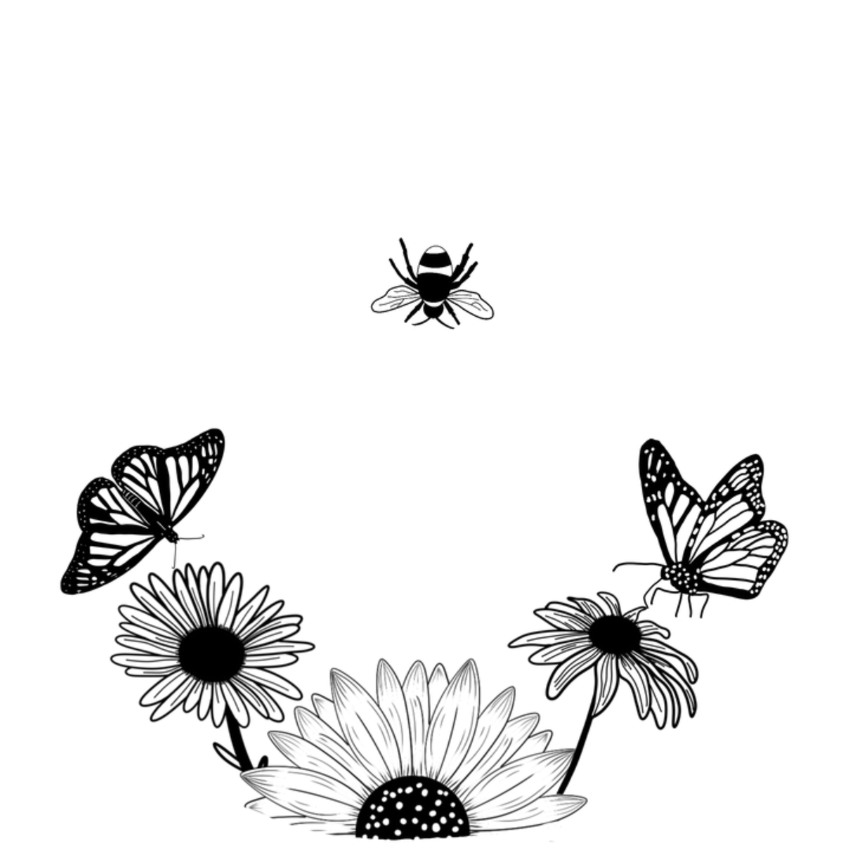 Black and white illustration of butterflies and flowers on a white background