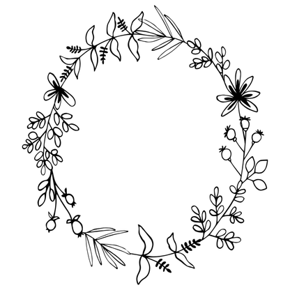 Black floral wreath design on a white background