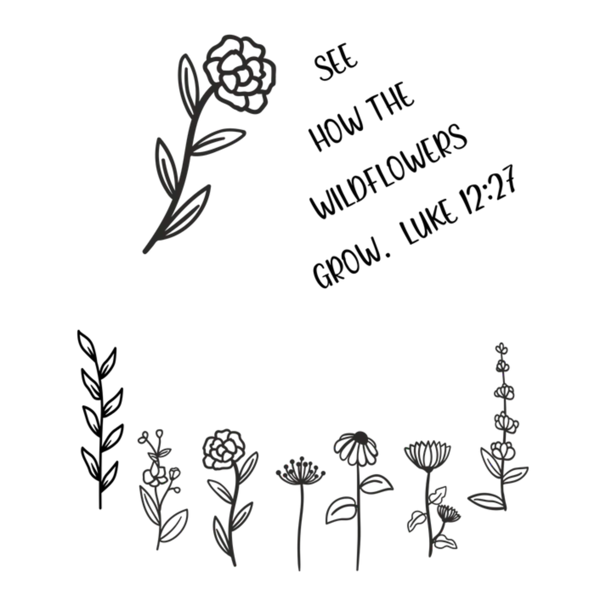 Black line art of wildflowers with a biblical quote on a white background