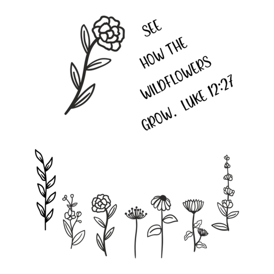 Black line art of wildflowers with a biblical quote on a white background