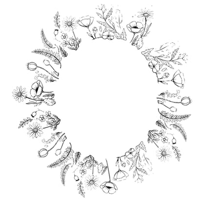 Black and white floral and nature-themed design on a white background