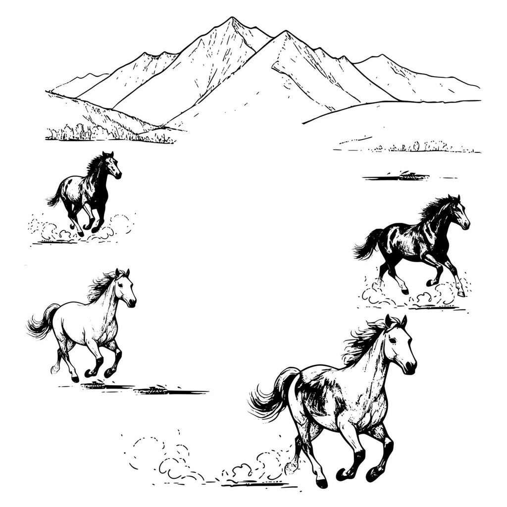 Western boho design of horses running with a mountainous landscape in the background