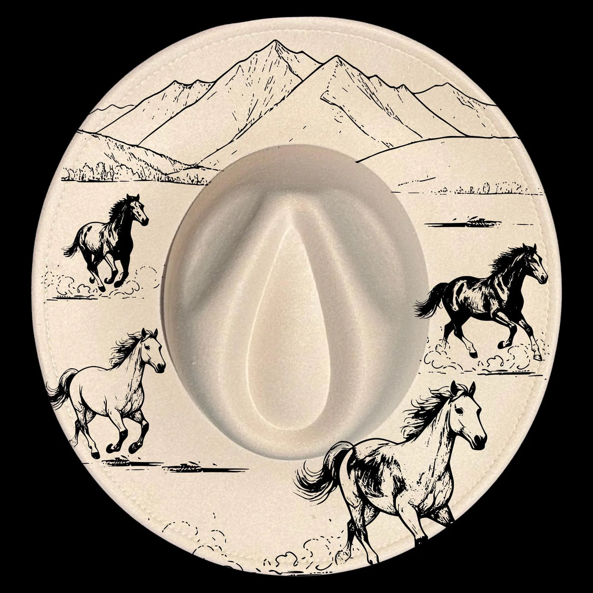 Wide brim cowboy hat with hat burning design of horses and mountains.