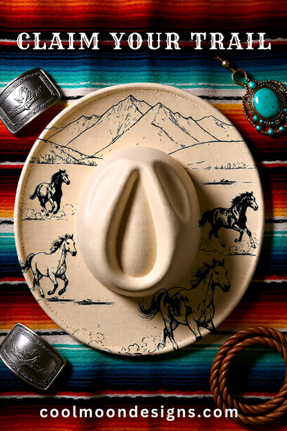 Western-style hat with horse designs on a colorful striped background, featuring text 'Claim Your Trail' and coolmoondesigns.com