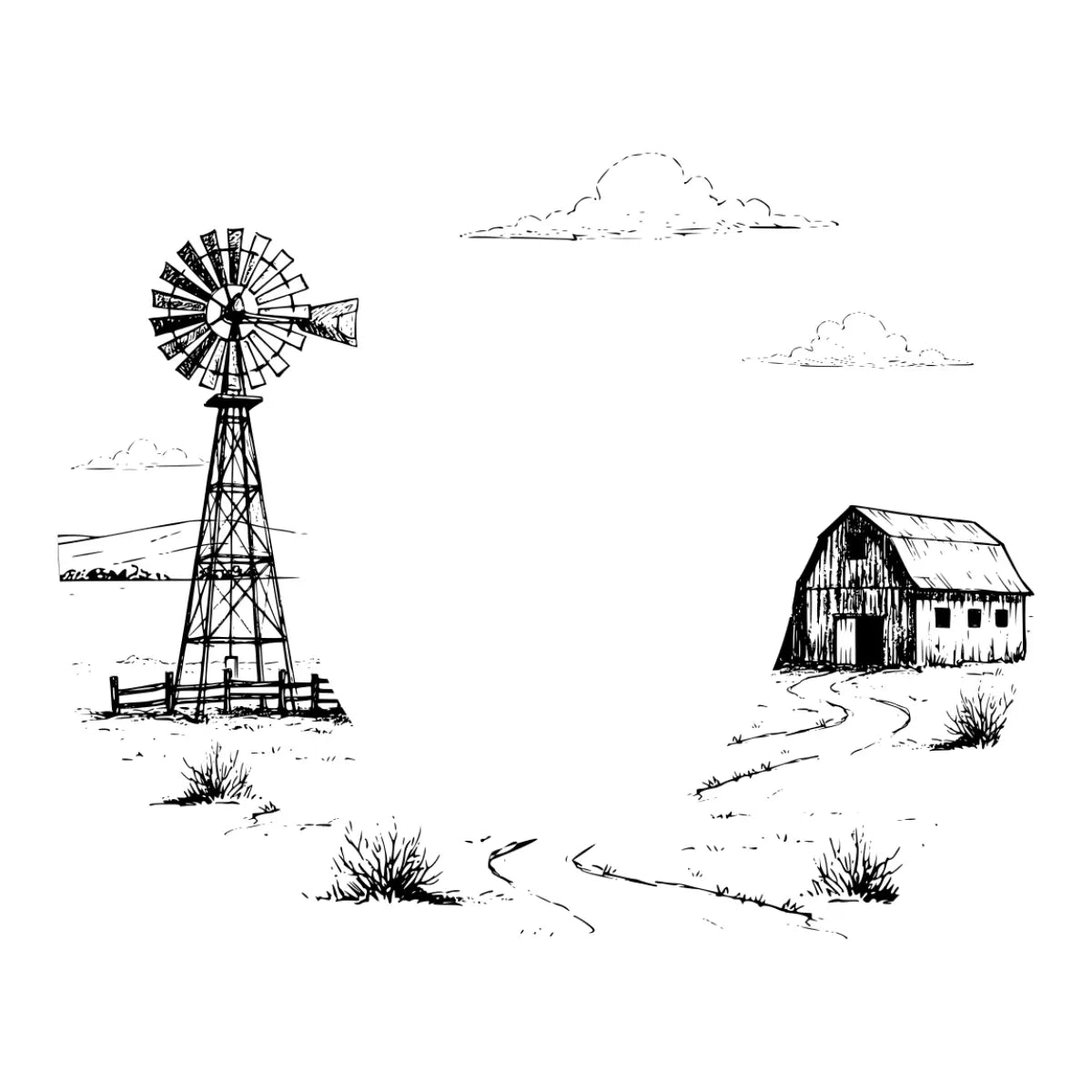 Black and white illustration of a windmill and barn with a landscape background.