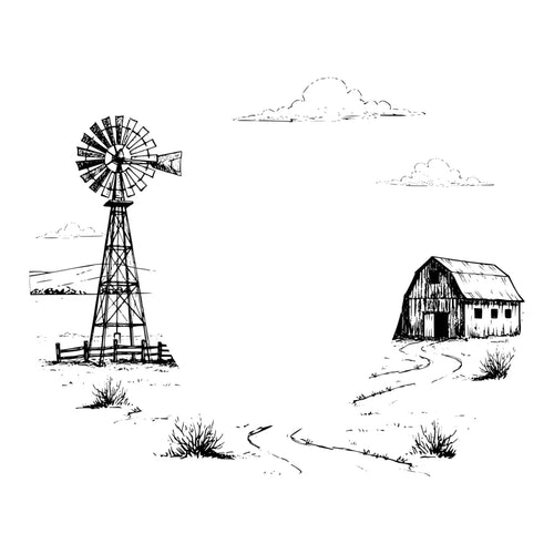 Black and white illustration of a windmill and barn with a landscape background.