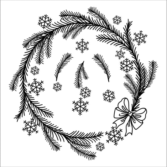 Decorative design with Christmas elements including branches, snowflakes, and a bow on a white background.