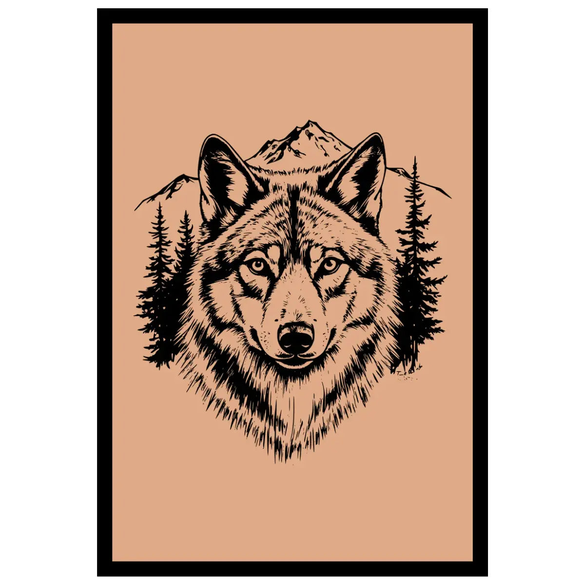 Wolf illustration with mountains and trees on a beige background
