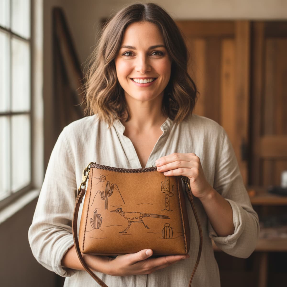 Woman holding a brown leather handbag with desert-themed designs in a warm-toned room.