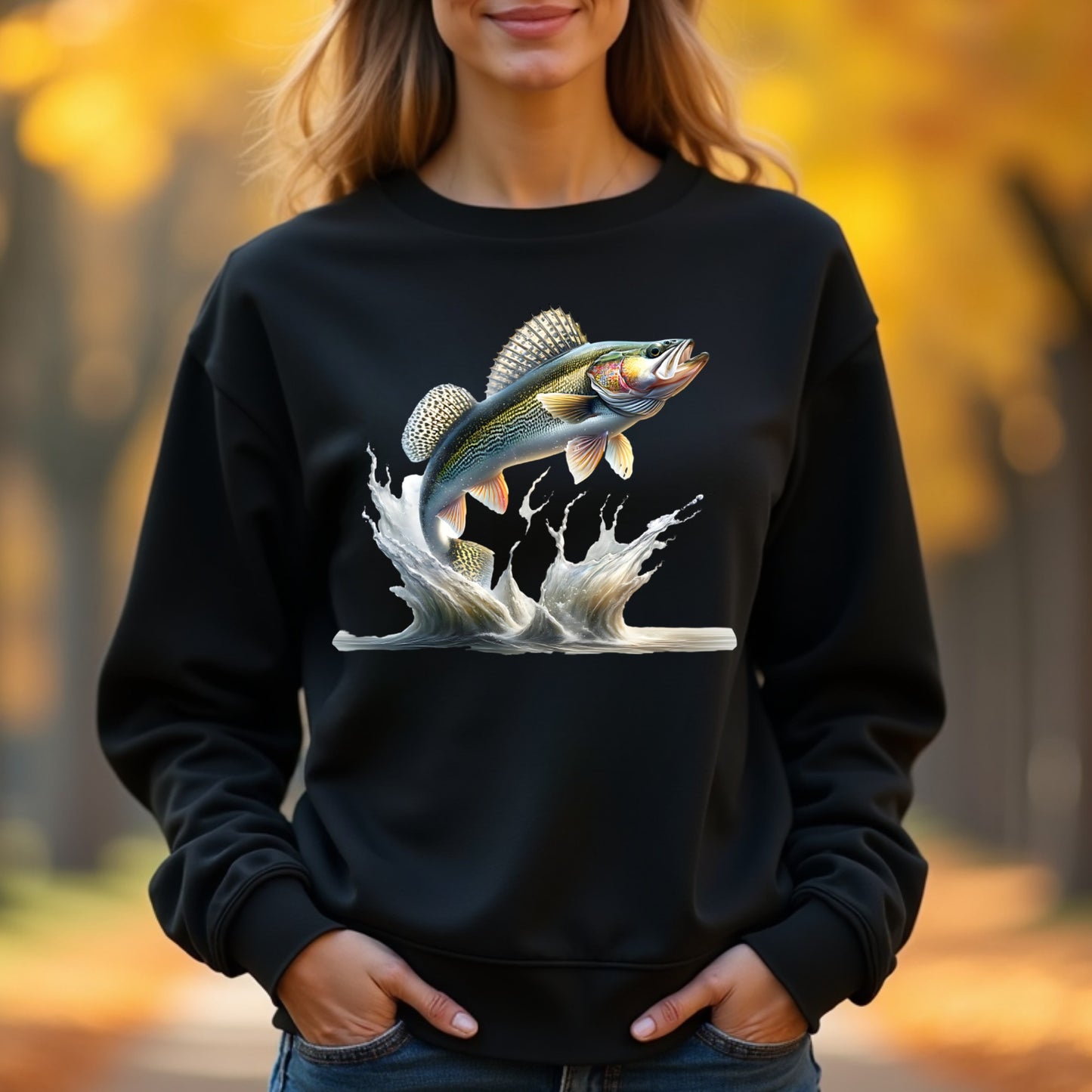 woman wearing a black sweatshirt with a walleye fish graphic in an outdoor setting