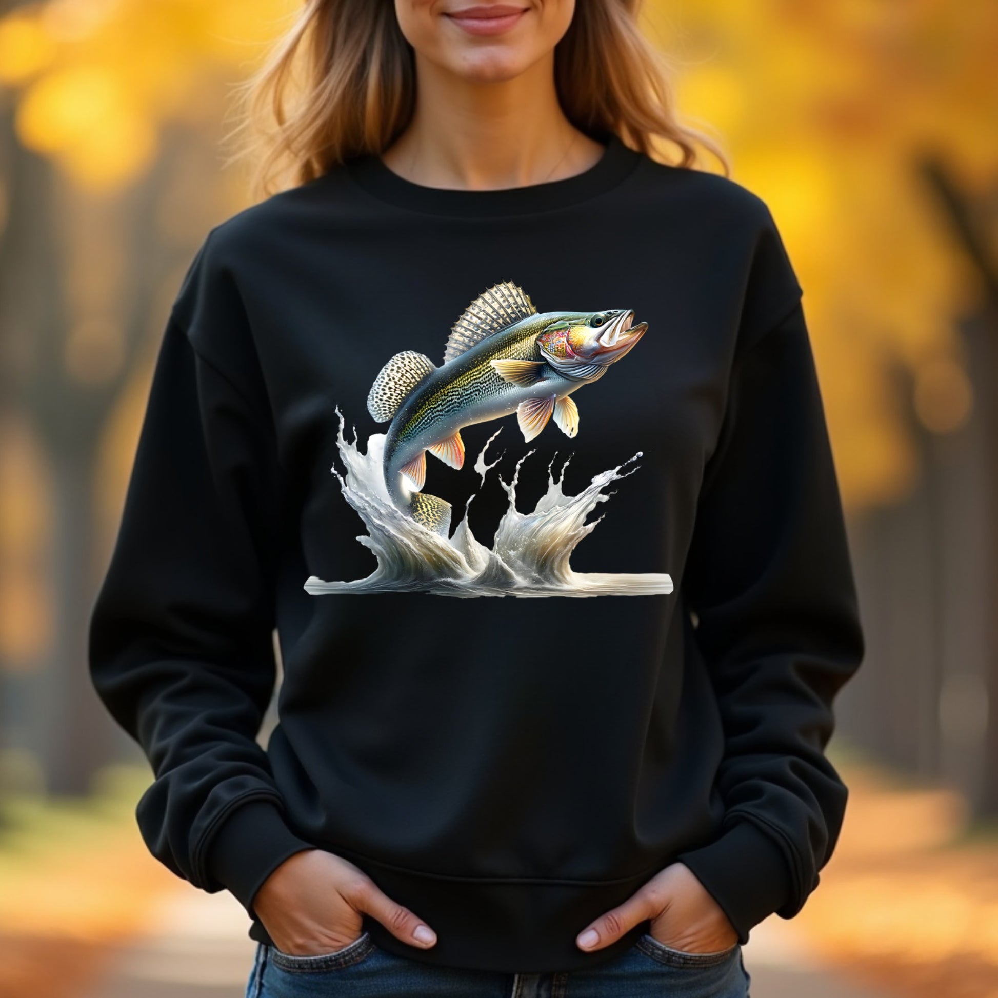 woman wearing a black sweatshirt with a walleye fish graphic in an outdoor setting