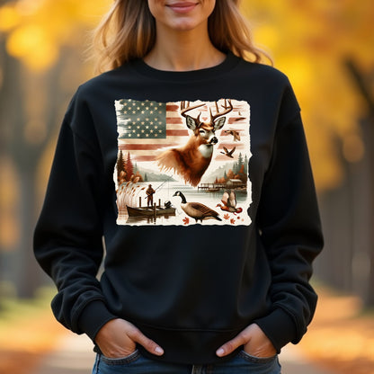 Woman wearing a black sweatshirt with a nature-themed graphic in an outdoor setting