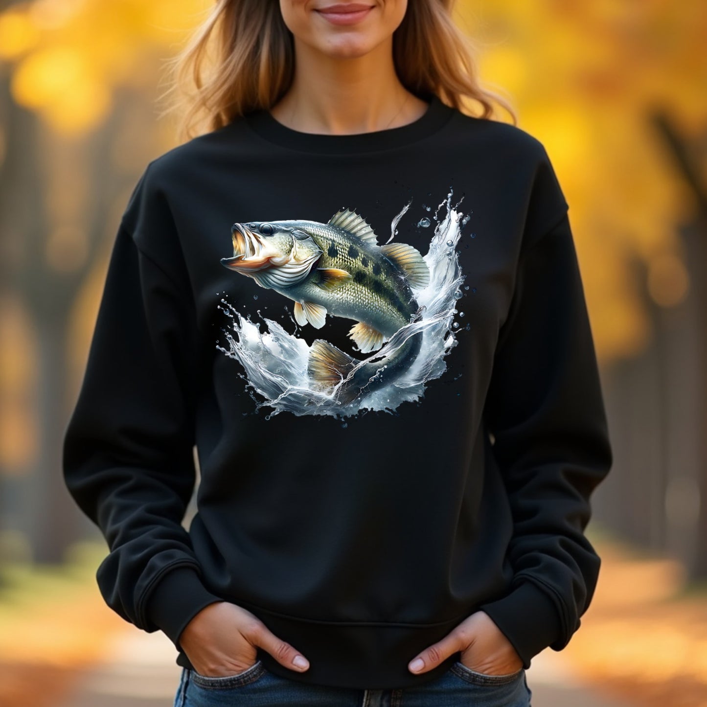 Woman wearing a black sweatshirt with a smallmouth bass leaping fish graphic in an outdoor setting