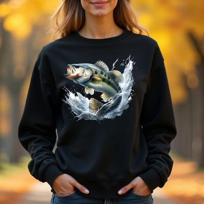 Woman wearing a black sweatshirt with a smallmouth bass leaping fish graphic in an outdoor setting