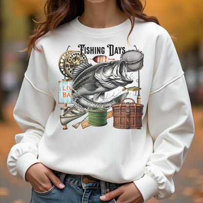 Woman wearing a white sweatshirt with a fishing-themed graphic design.