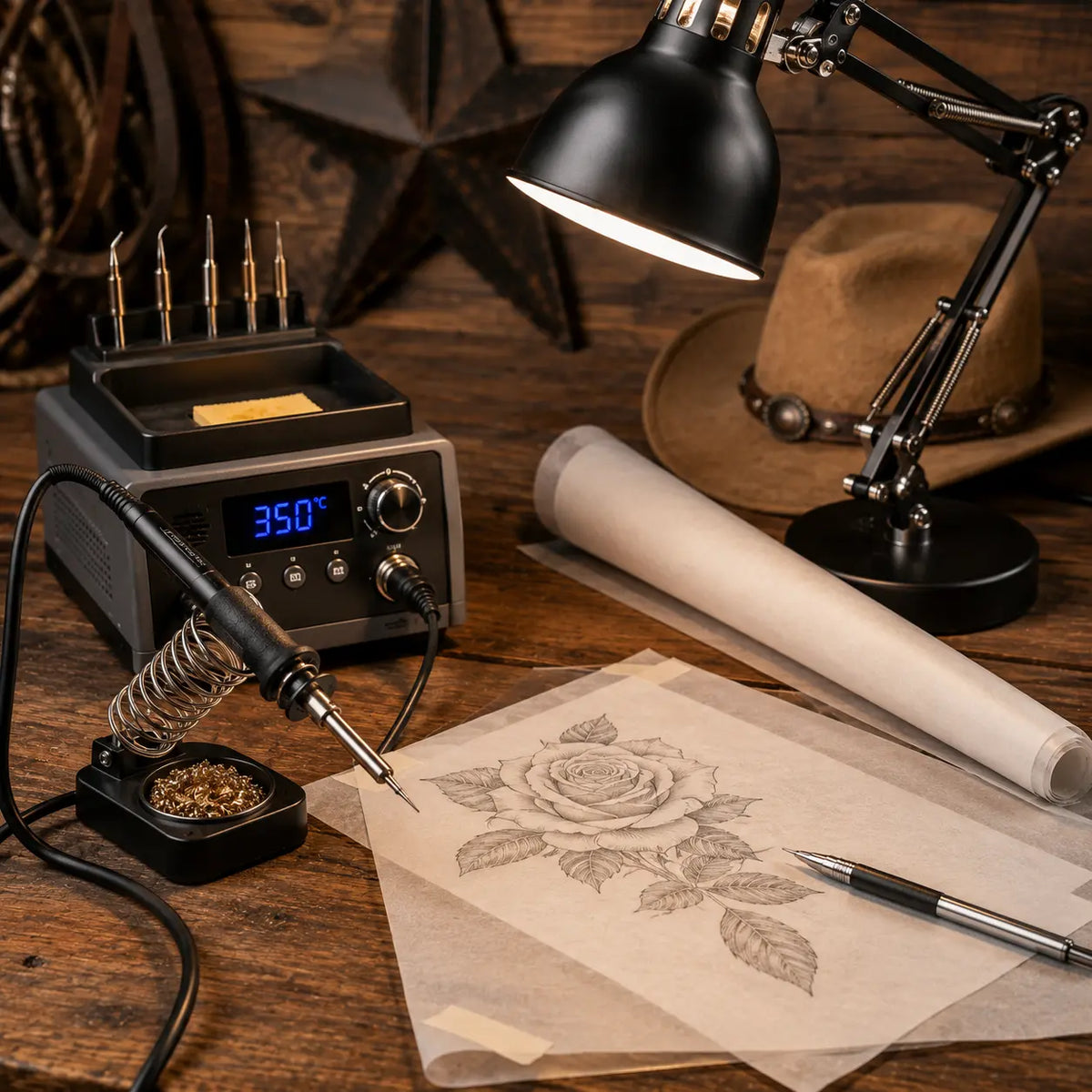 Soldering gun with digital display on a wooden table with a hat and lamp in the background