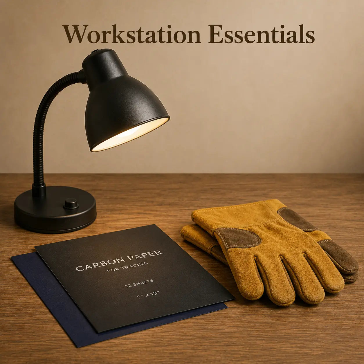 Black desk lamp, carbon paper, and leather gloves on a wooden surface with 'Workstation Essentials' text.