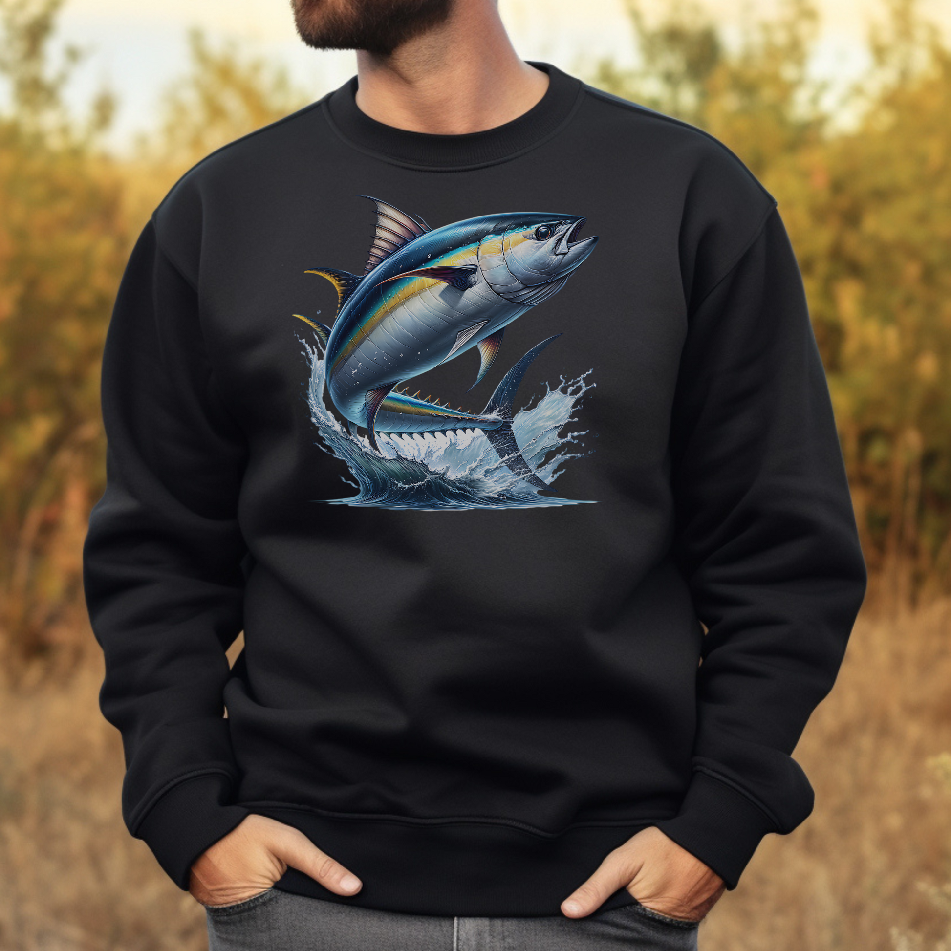 Yellowfin Tuna (AHI) PNG digital design on a man's black sweatshirt