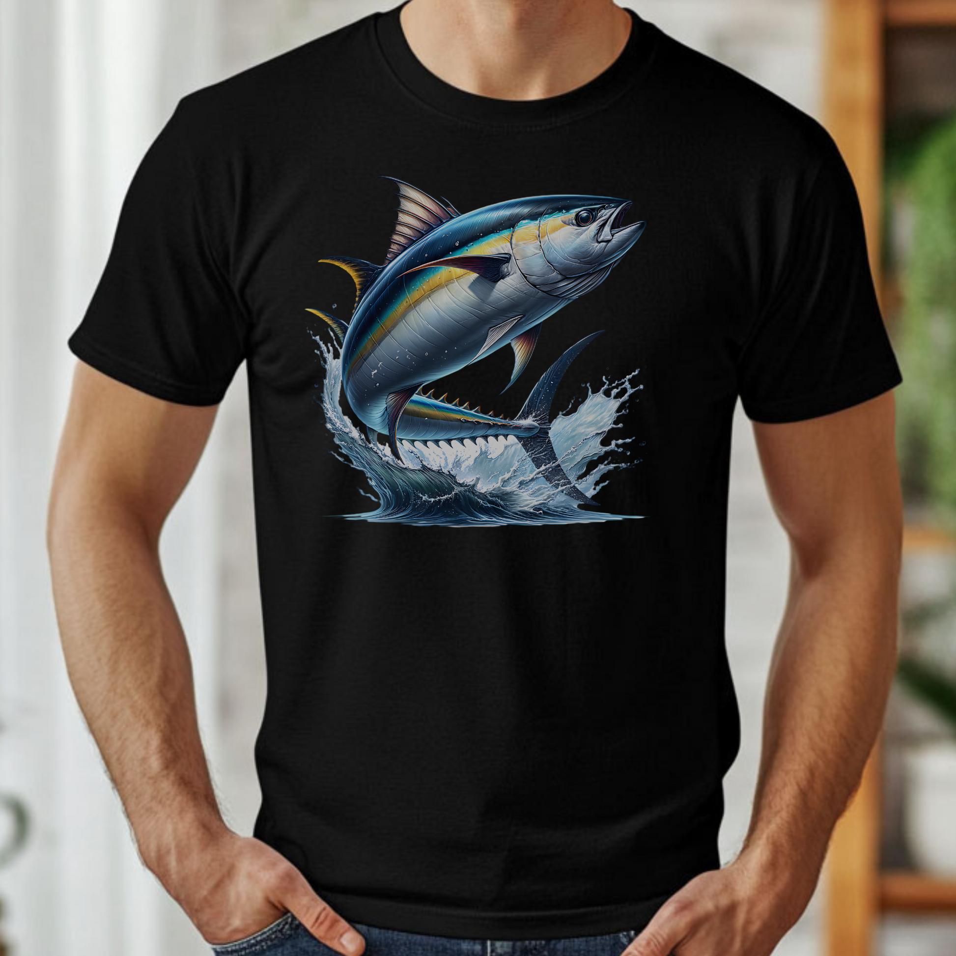 Yellowfin Tuna (AHI) PNG digital design on a man's black t-shirt