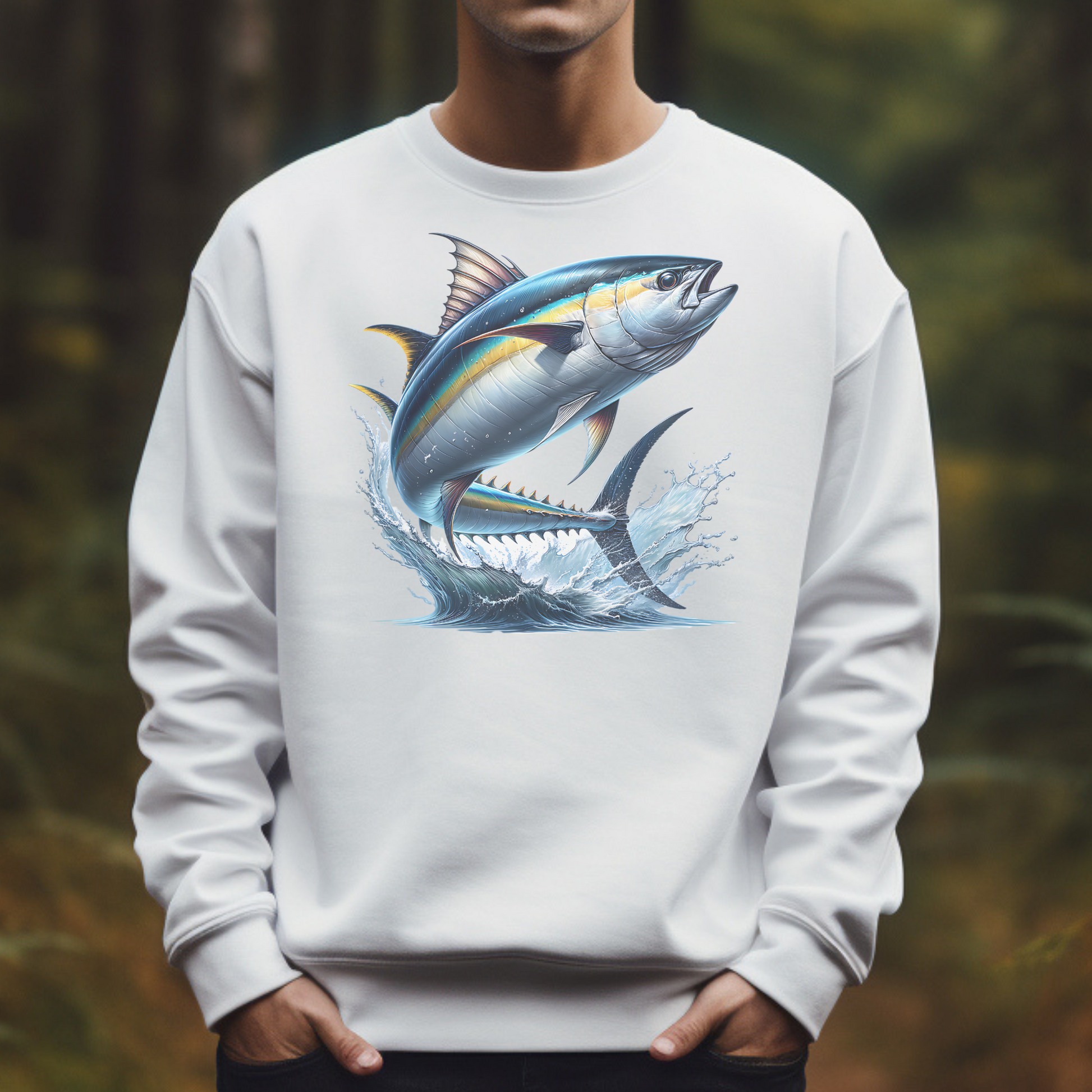 Yellowfin Tuna (AHI) PNG digital design on a man's white sweatshirt