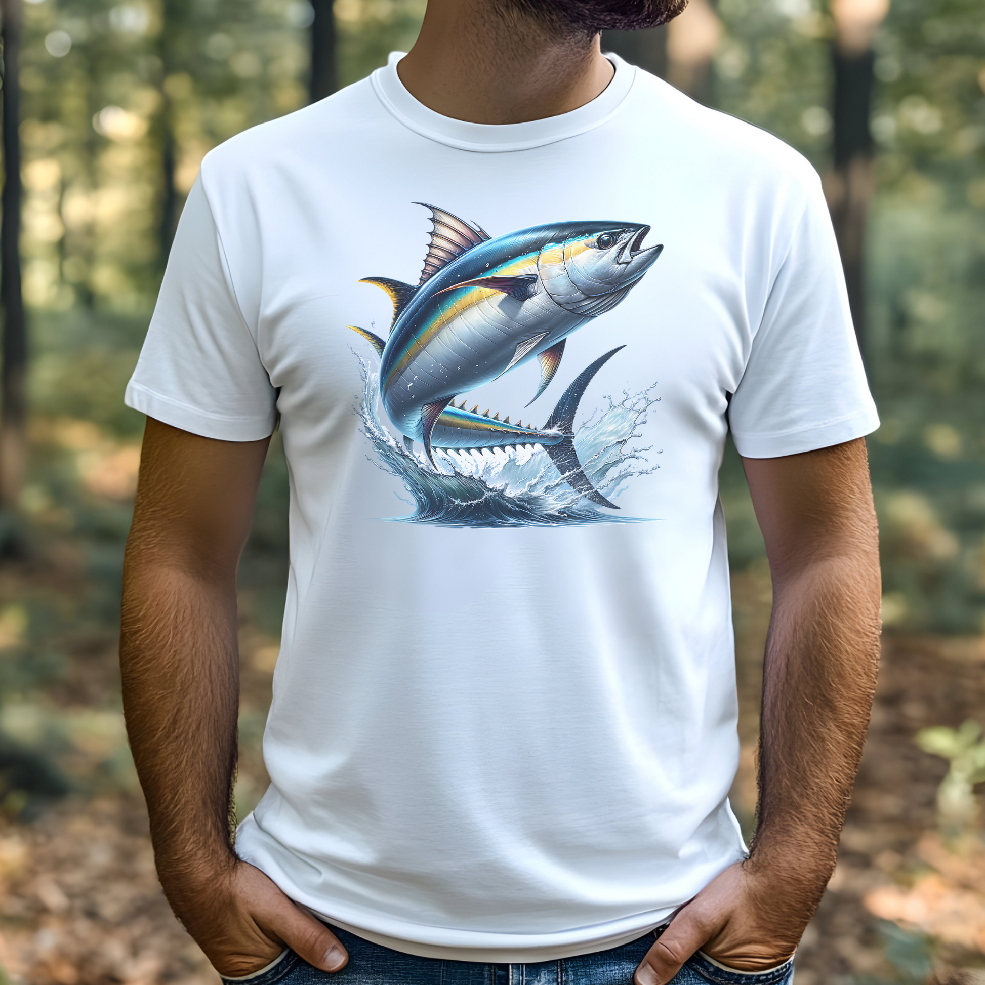 Yellowfin Tuna (AHI) PNG digital design on a man's white t-shirt